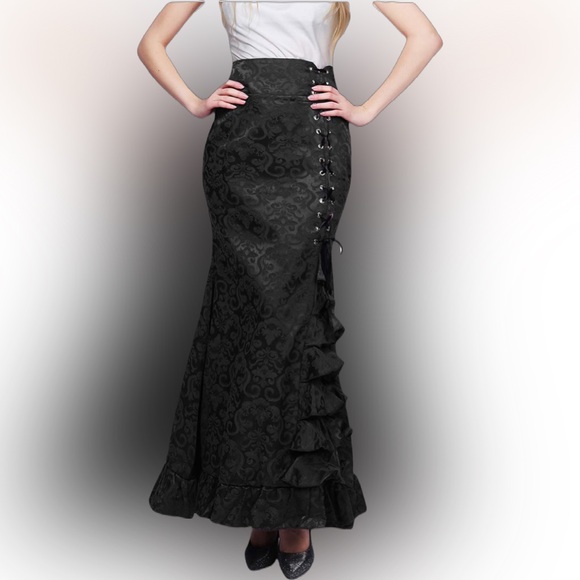 🌺Lace-Up Skirt with Mermaid Ruffle, Jacquard Maxi Skirt🌸🌺 - Picture 3 of 16